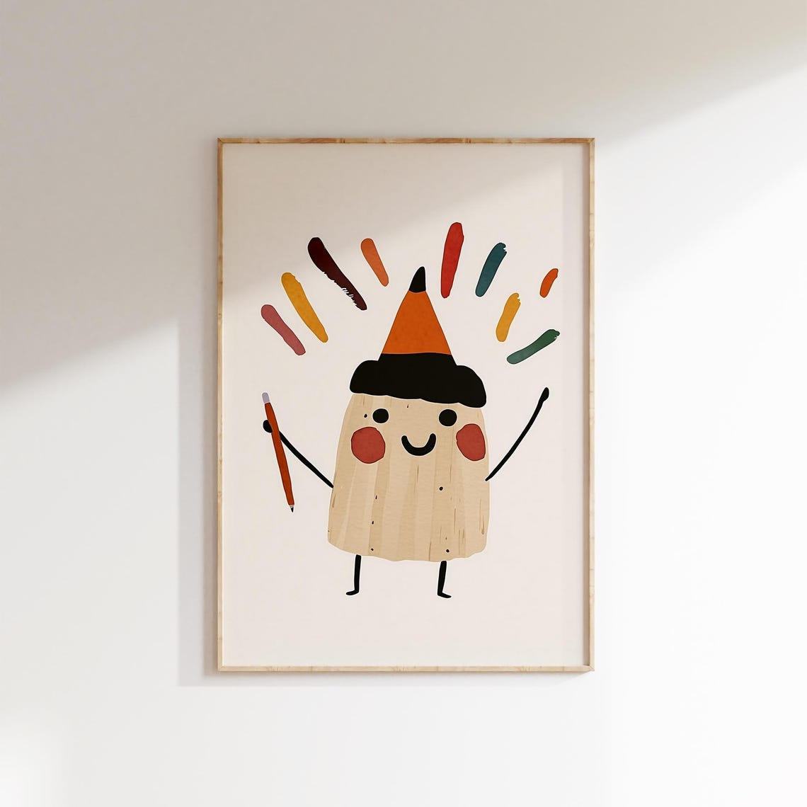 Happy Pencil Character Colorful Paint Strokes Kids Study Room Poster