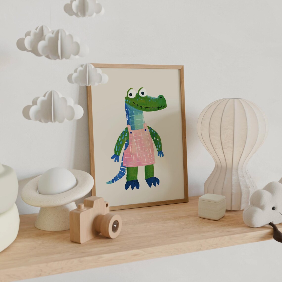 Playful Alligator in Pink Dress Cute Nursery Kids Room Wall Art