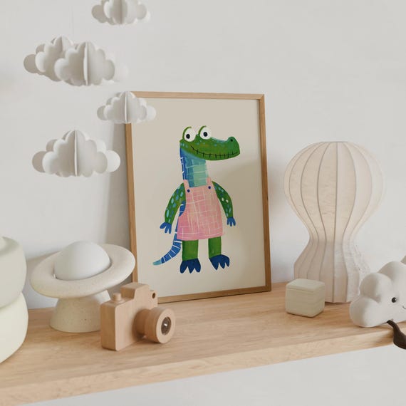 Whimsical Alligator Wall Art Nursery Animal Print Girls Room Decor Alligator In Pink Overalls Kids Wall Poster