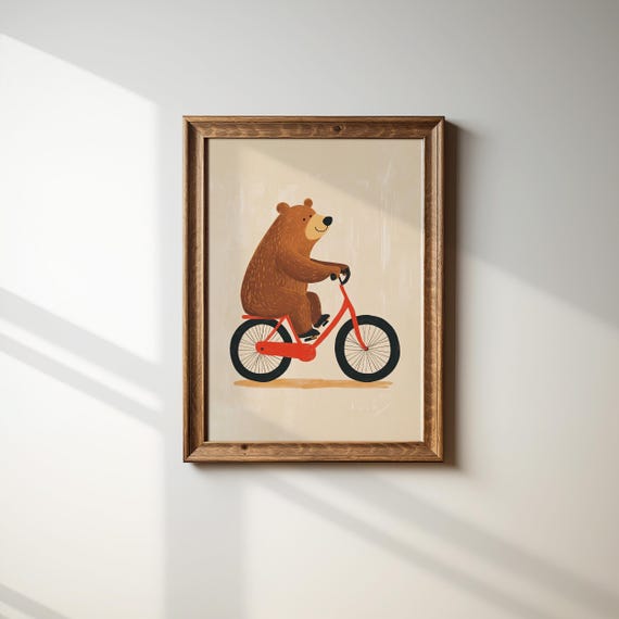 Bear On Bicycle Nursery Wall Art Animal Print Kids Room Decor Baby Room Playroom Poster Woodland Nursery Decor Art