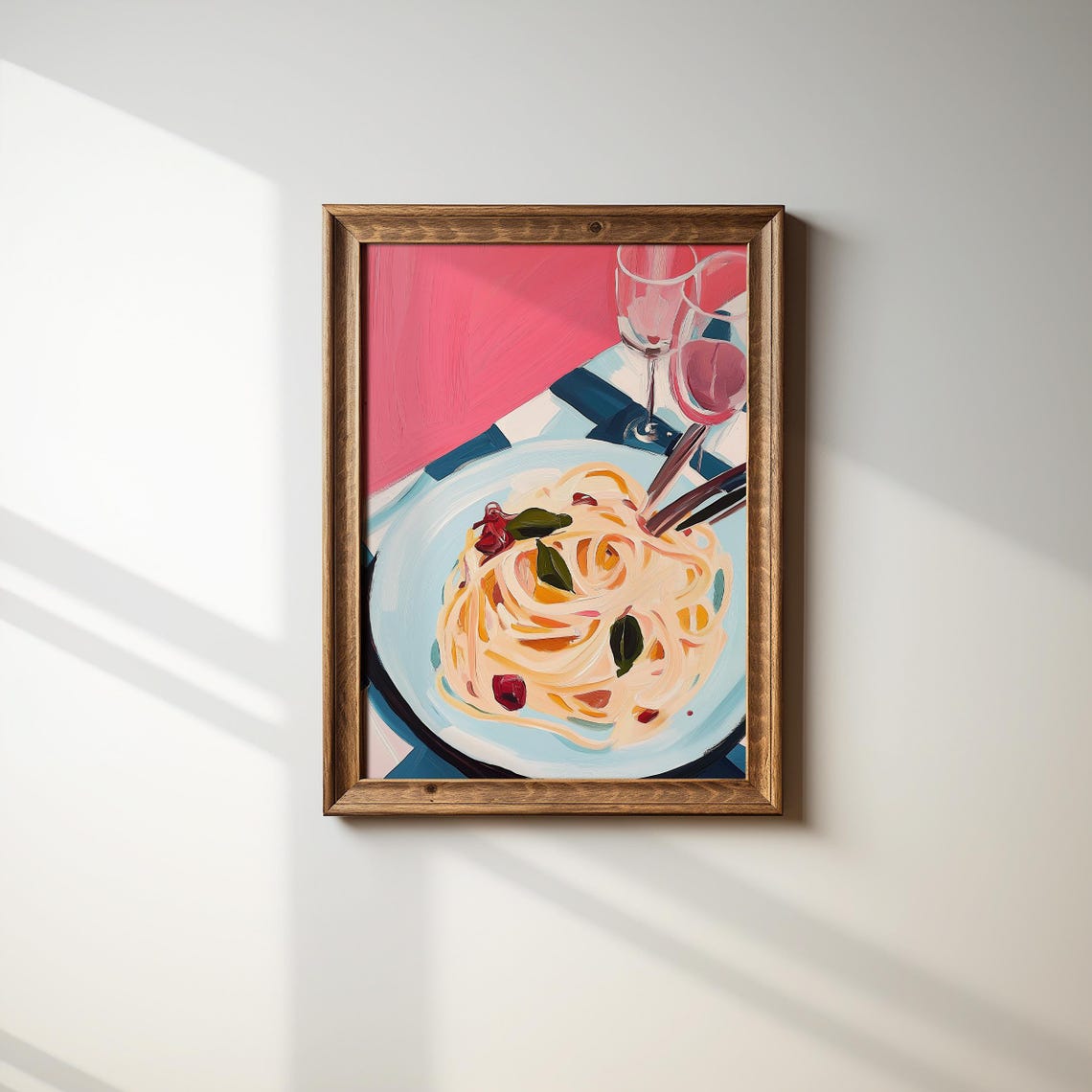 Italian Spaghetti Bowl Basil Tomatoes Rose Wine Painterly Pasta Poster - Image 3