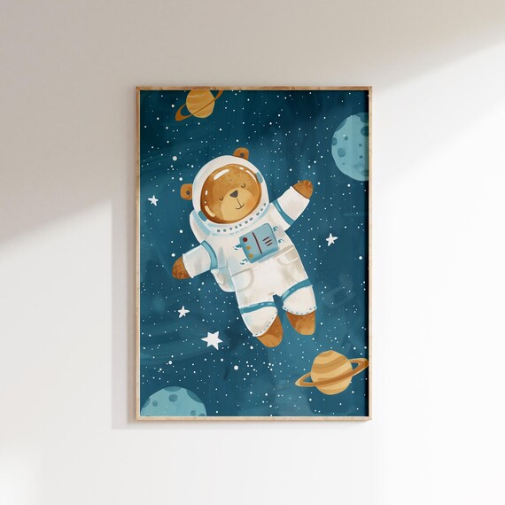 Cute Teddy Bear Astronaut Art Poster for Kids Room Space Decor