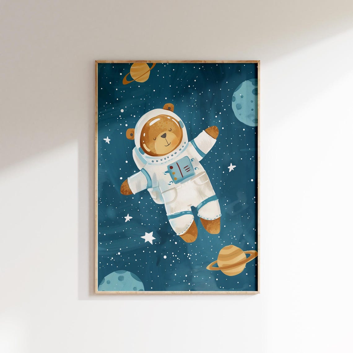 Cute Teddy Bear Astronaut Floating In Space Kids Room Wall Art Space Theme Nursery Decor Space Adventure Poster