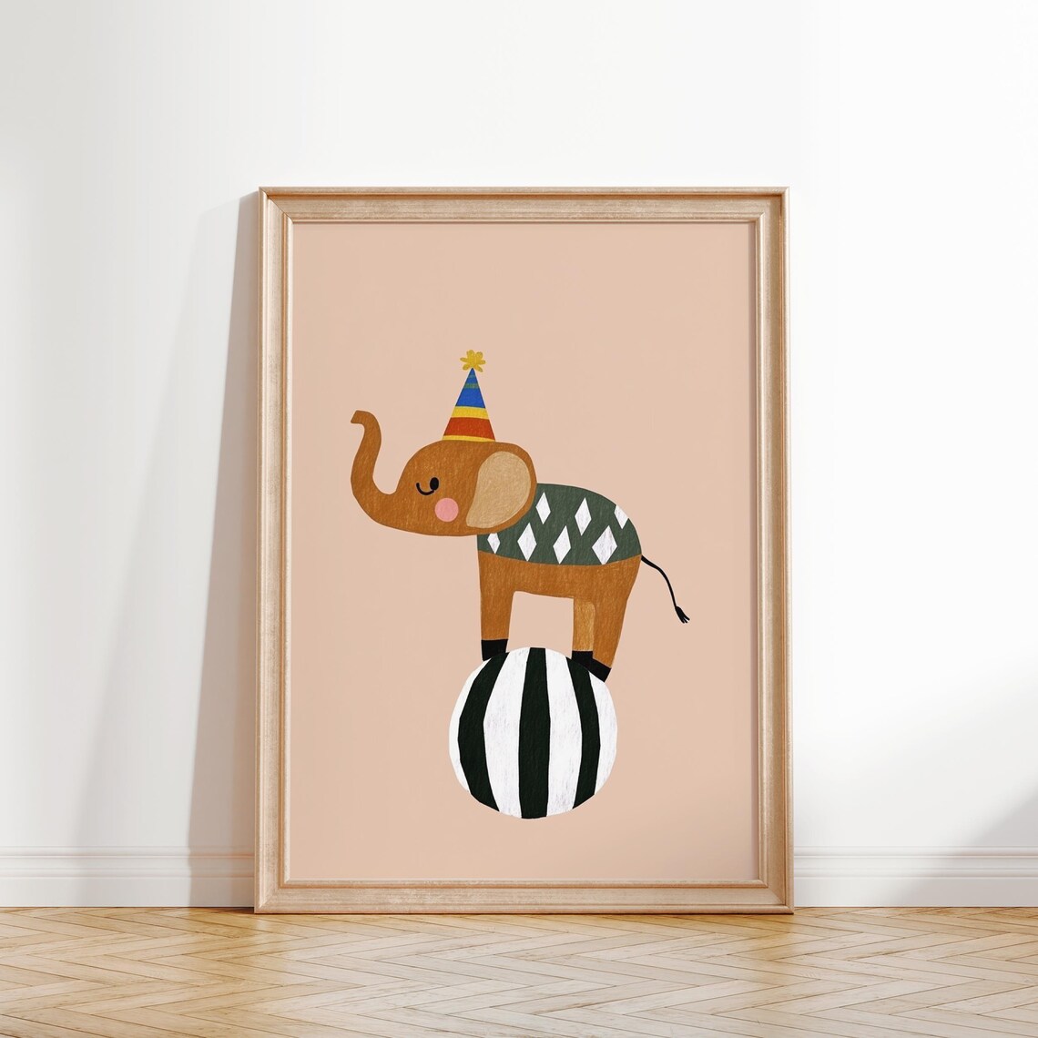 Elephant In Party Hat Balancing On Ball Nursery Kids Animal Poster - Image 3