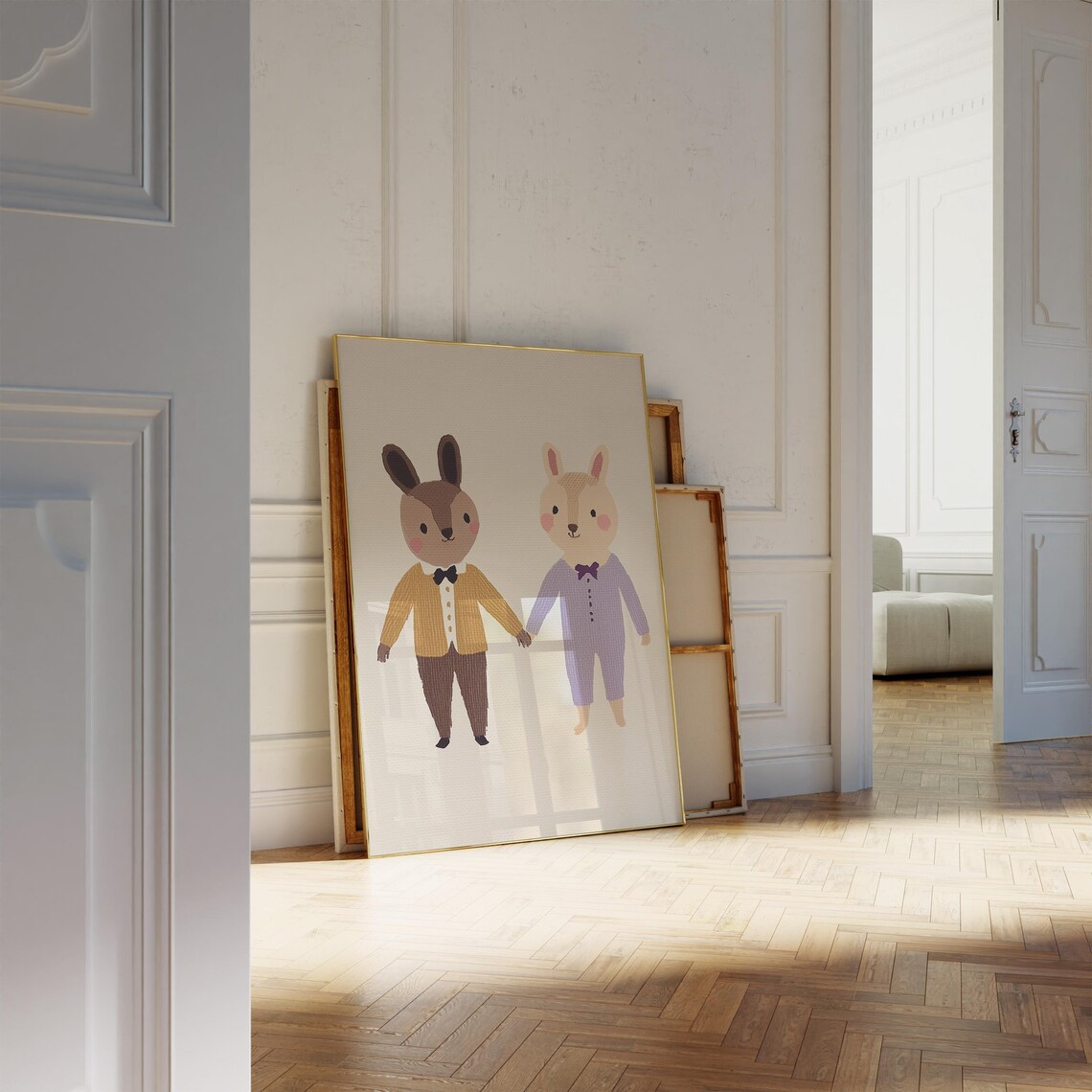 Two Best Friend Animals Kids Room Print Holding Hands in Retro Outfits - Image 2