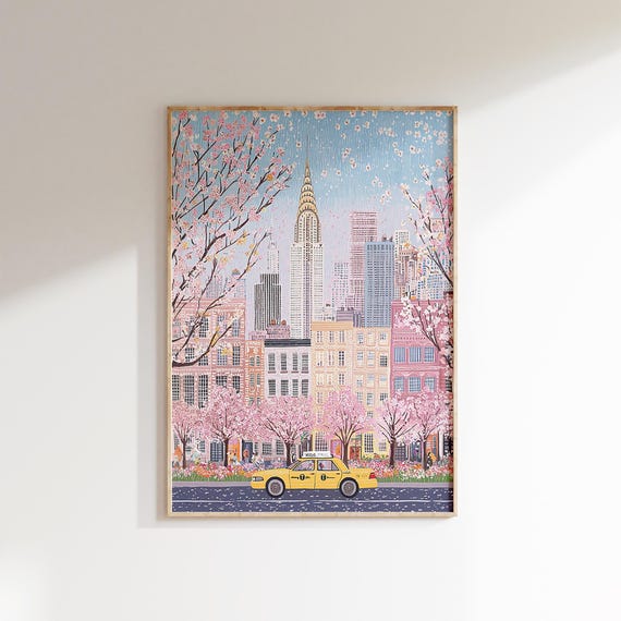 New York Yellow Taxi And Spring Blossoms Print Nyc Skyline Wall Art Cherry Blossom Decor New York Art Cityscape Home Decor