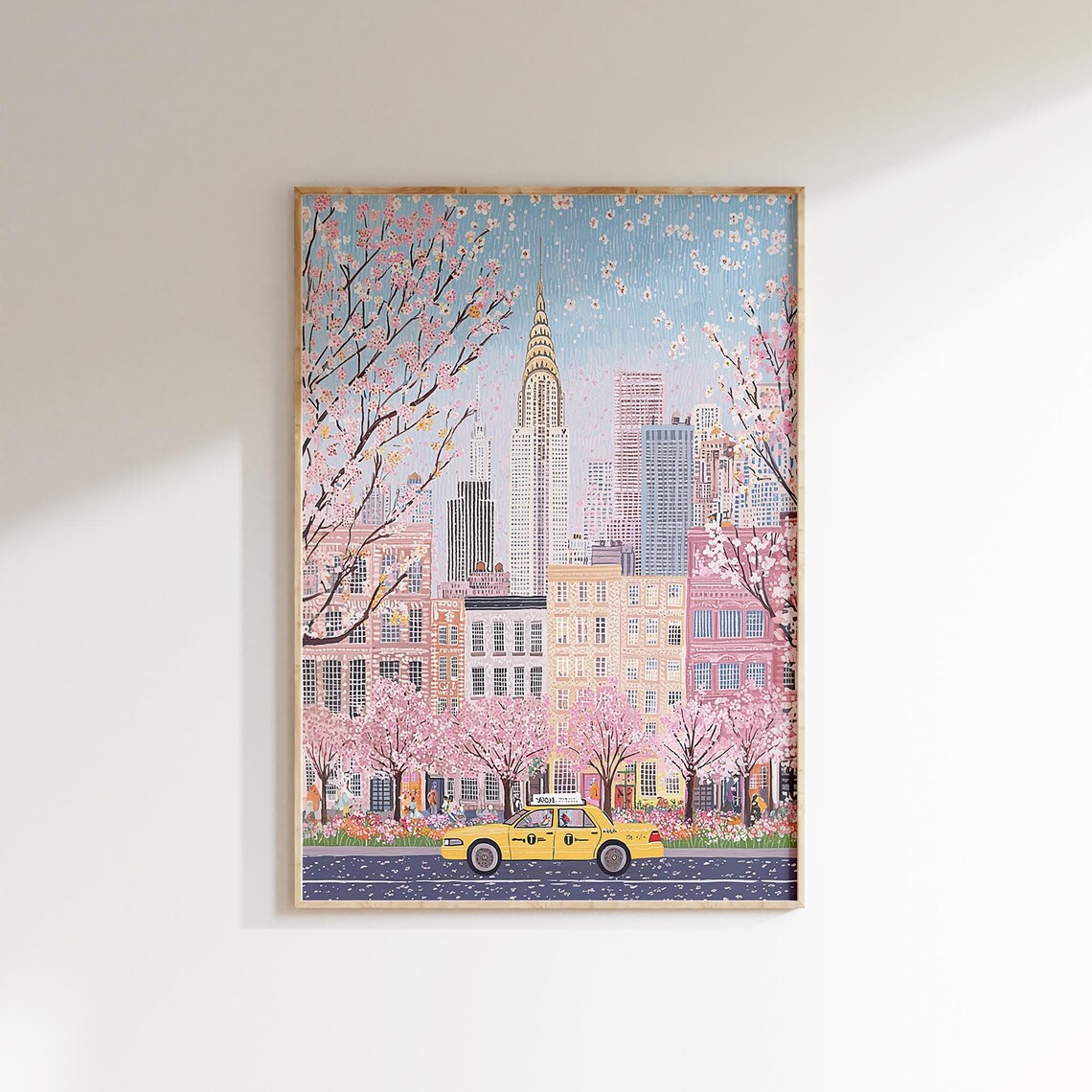 New York Taxi Blossom Trees Chrysler Building Pink Street Poster