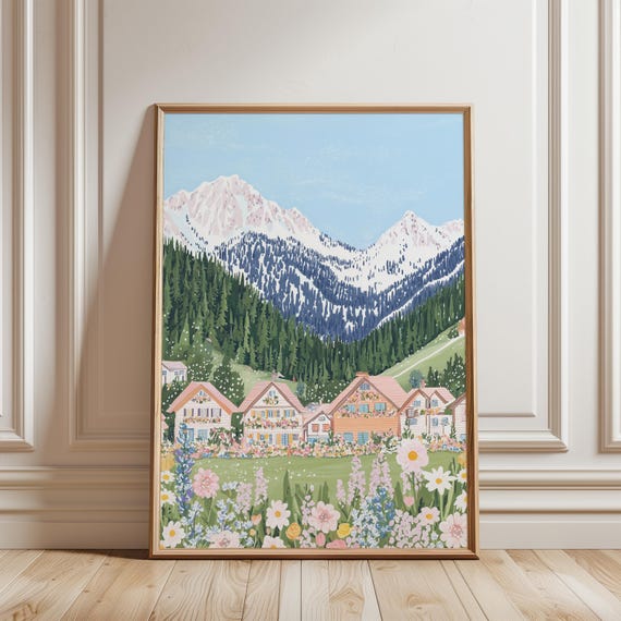 Alpine Village Folk Art Swiss Mountain Print Cottage Core Whimsical Landscape Watercolor Style Decor