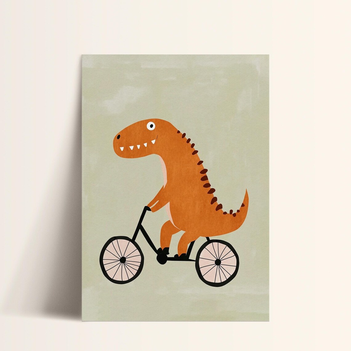 Orange T Rex Dinosaur Riding Bicycle Cute Kids Dino Art Poster