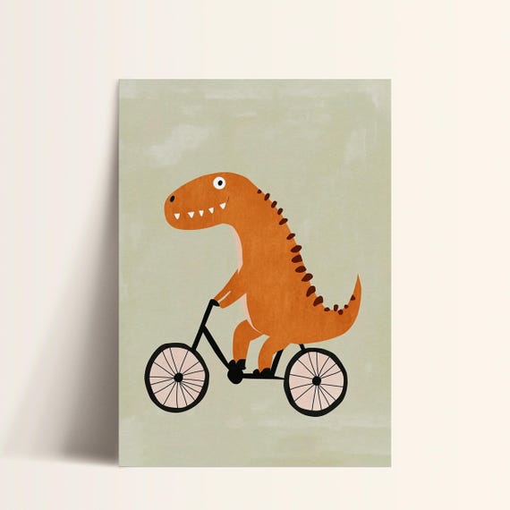 Orange Dinosaur Bike Wall Art Nursery Room Poster Playroom Decor Boys Dinosaur Decor