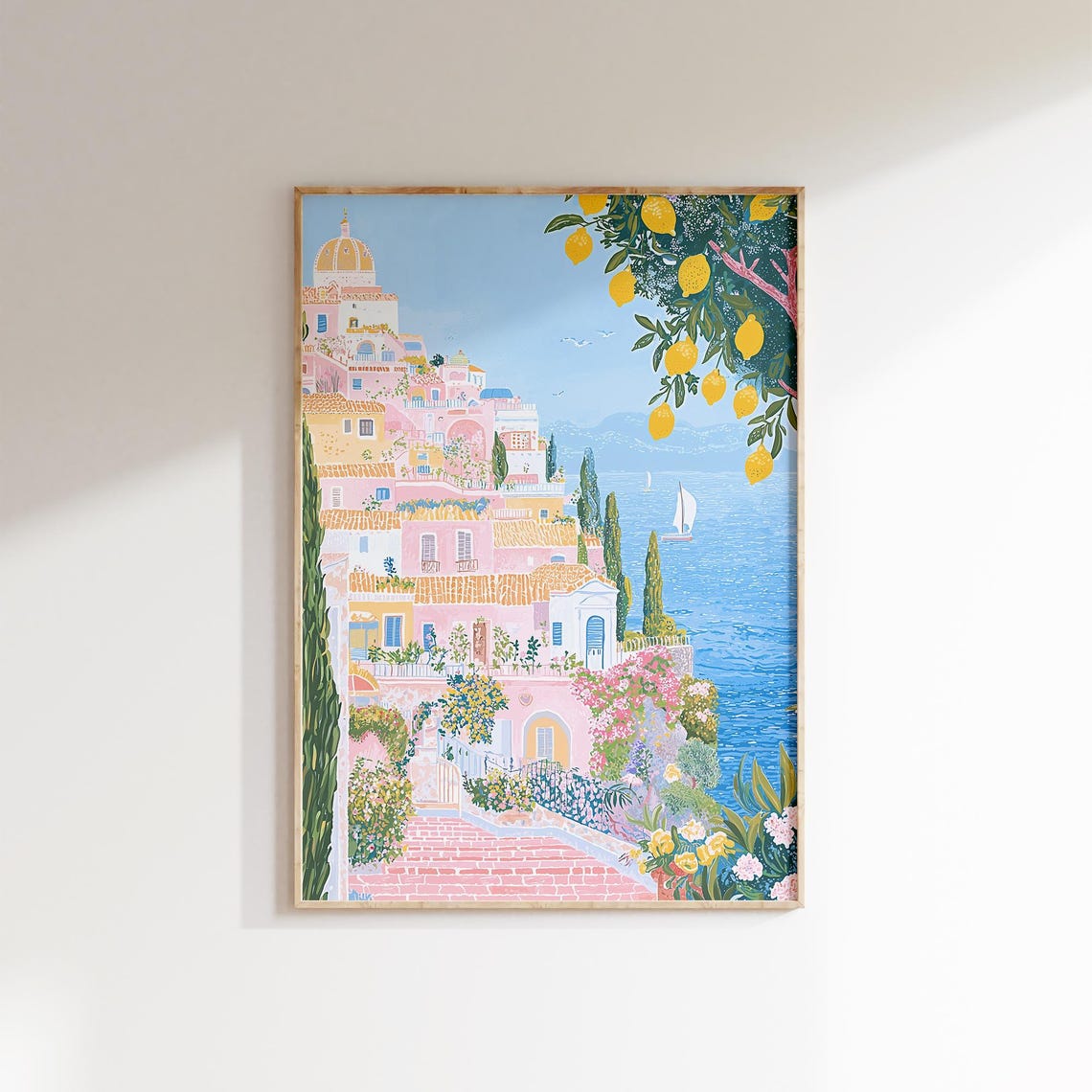 Amalfi Coast Cliffside Lemon Tree Pastel Houses Sailboat Poster - Image 2