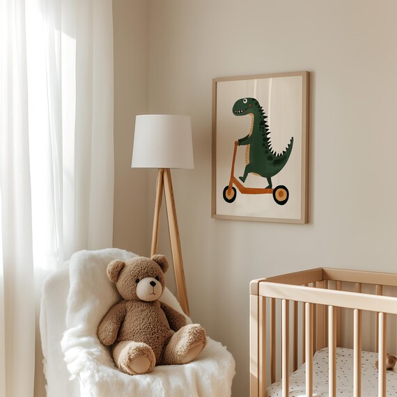 Green T Rex Riding Orange Scooter Cute Kids Dino Nursery Poster