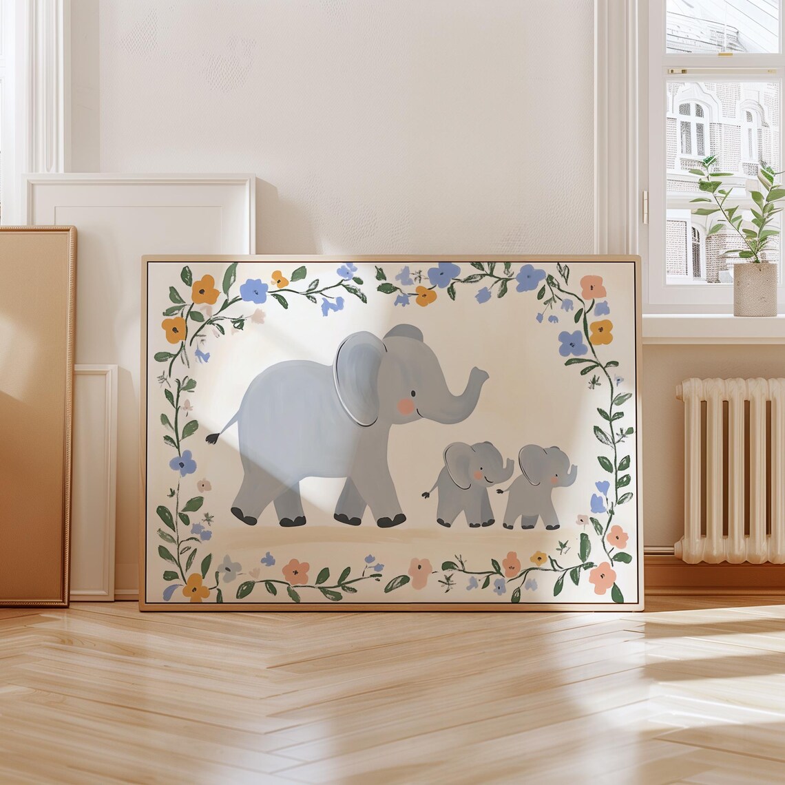 Elephant Mother And Babies Safari Nursery Floral Wreath Baby Animal Poster - Image 2