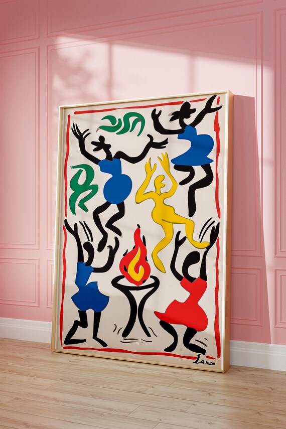 Joyful Dancing Figures Around Fire Matisse Style Eclectic Art Poster