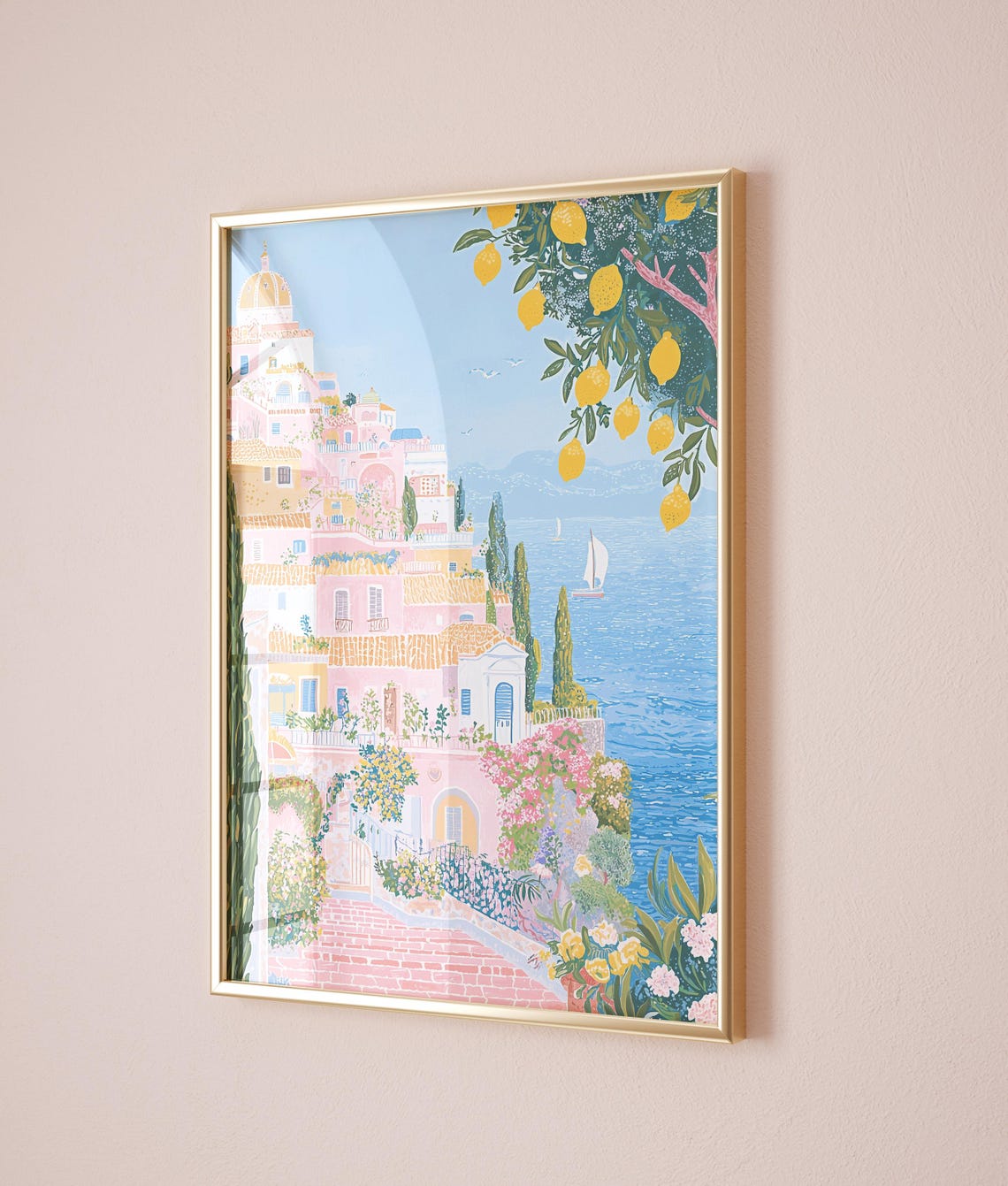 Amalfi Coast Cliffside Lemon Tree Pastel Houses Sailboat Poster - Image 3