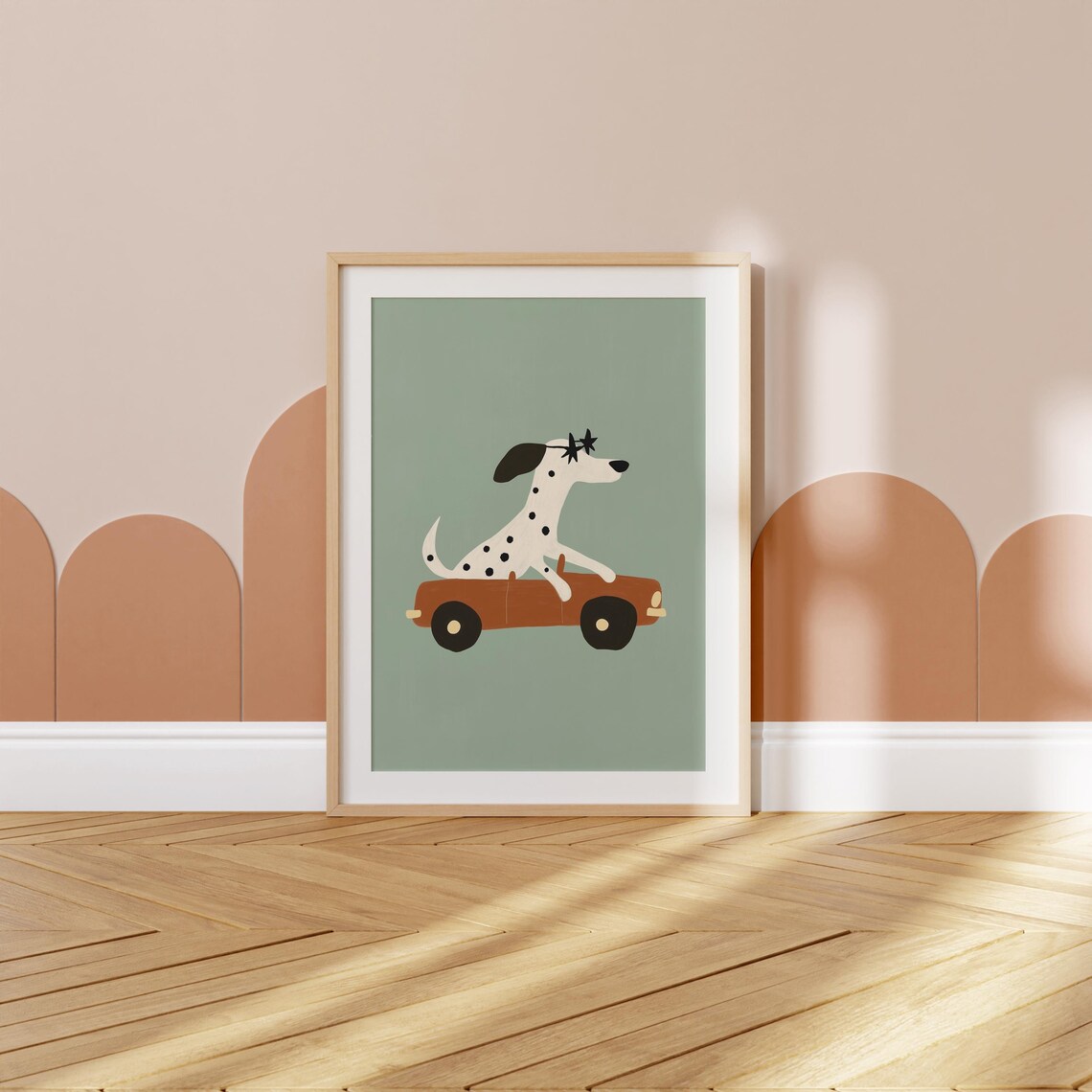 Dalmatian Driving Orange Car With Star Sunglasses Kids Animal Poster - Image 3