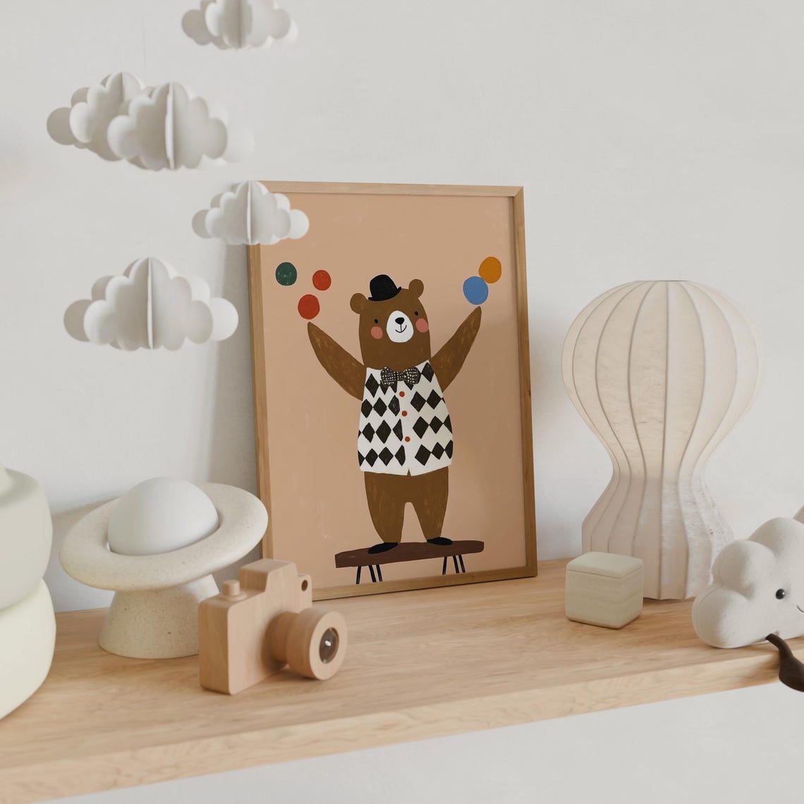 Circus Bear Juggler in Bowler Hat Nursery Kids Room Wall Art