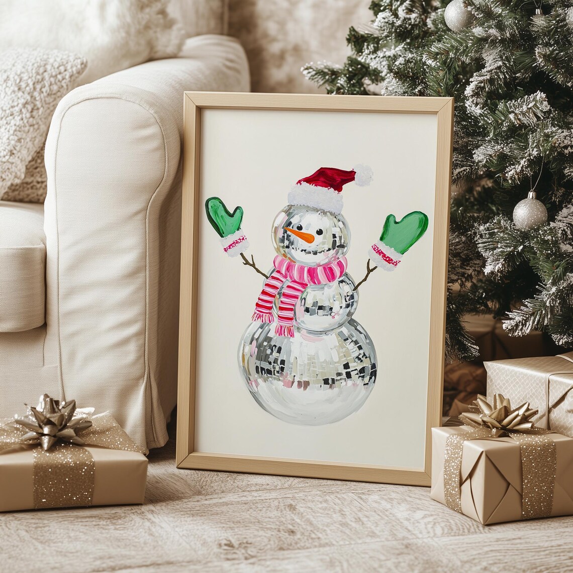Disco Ball Snowman Red Santa Hat Striped Scarf Holiday Poster
