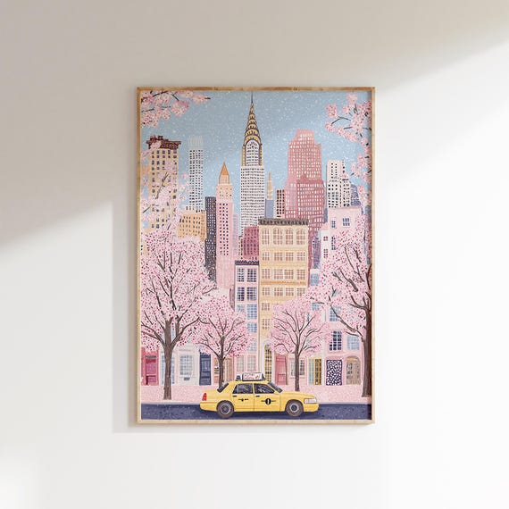 Spring In New York Wall Art Yellow Taxi And Blossoms Print Cityscape Decor Nyc Cherry Blossom Scene New York Art