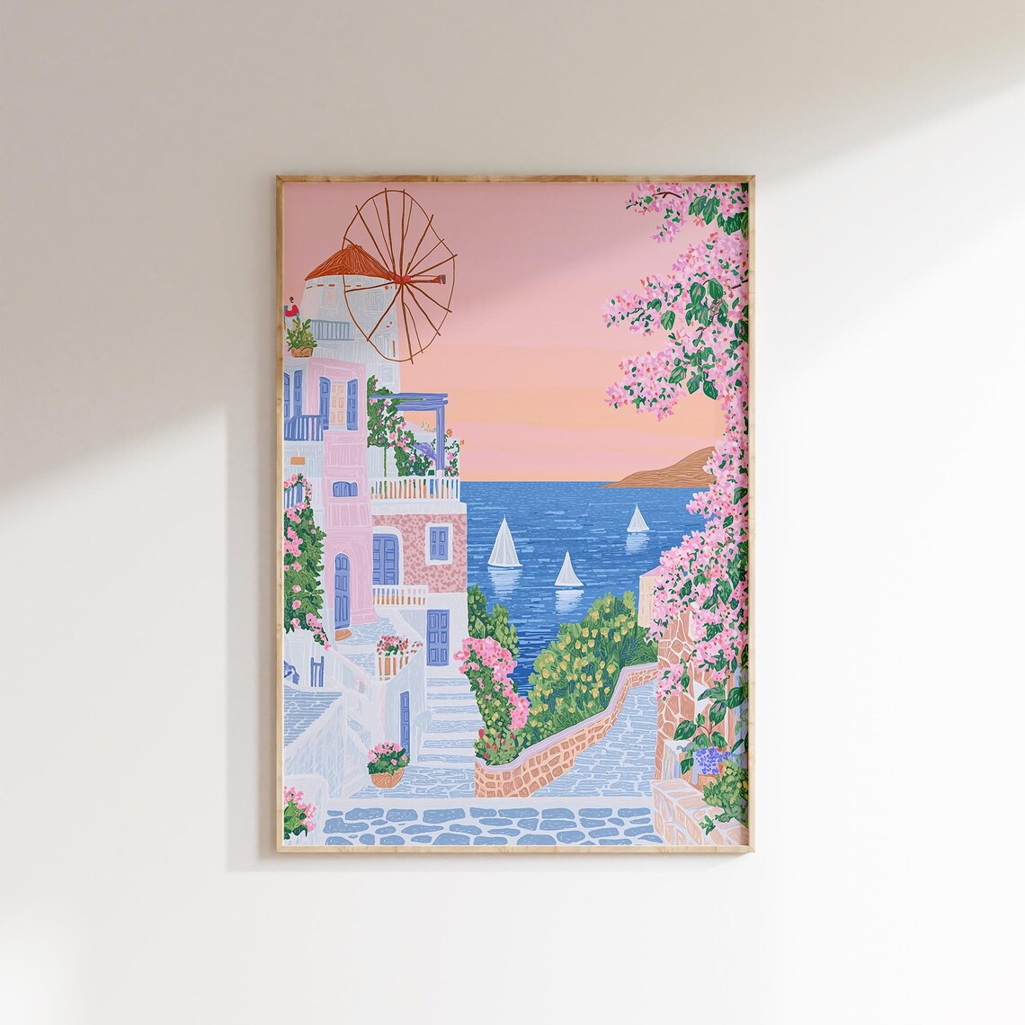 Santorini Greece Windmill Pink Sunset Sailboats Island Poster - Image 2