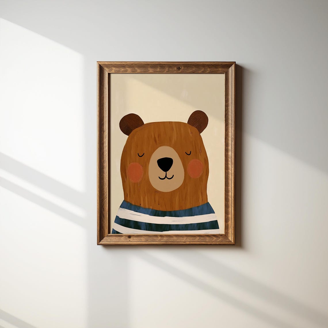 Sleepy Brown Bear Blue Striped Shirt Scandinavian Nursery Poster - Image 4
