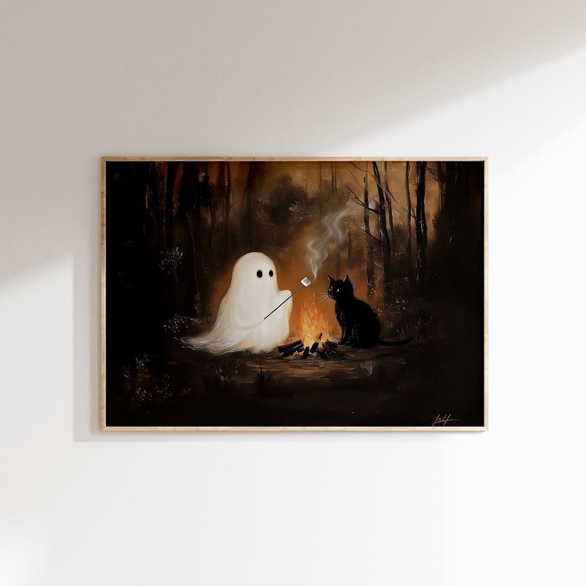 Ghost And Black Cat Roasting Marshmallows At Campfire Poster