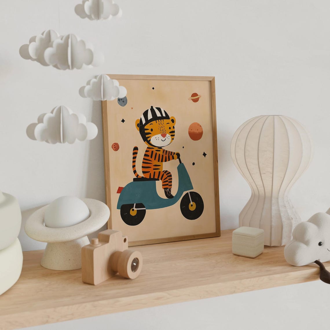 Cute Tiger Riding Scooter in Outer Space with Planets Kids Poster - Image 3