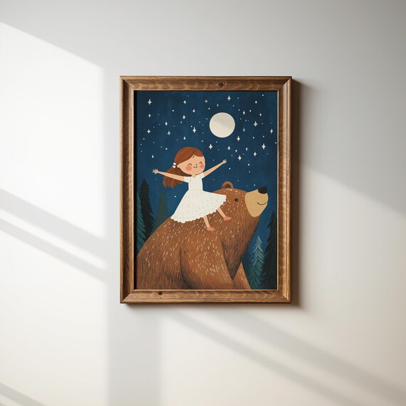 Storybook Girl Riding Friendly Bear Under Moon And Stars Poster