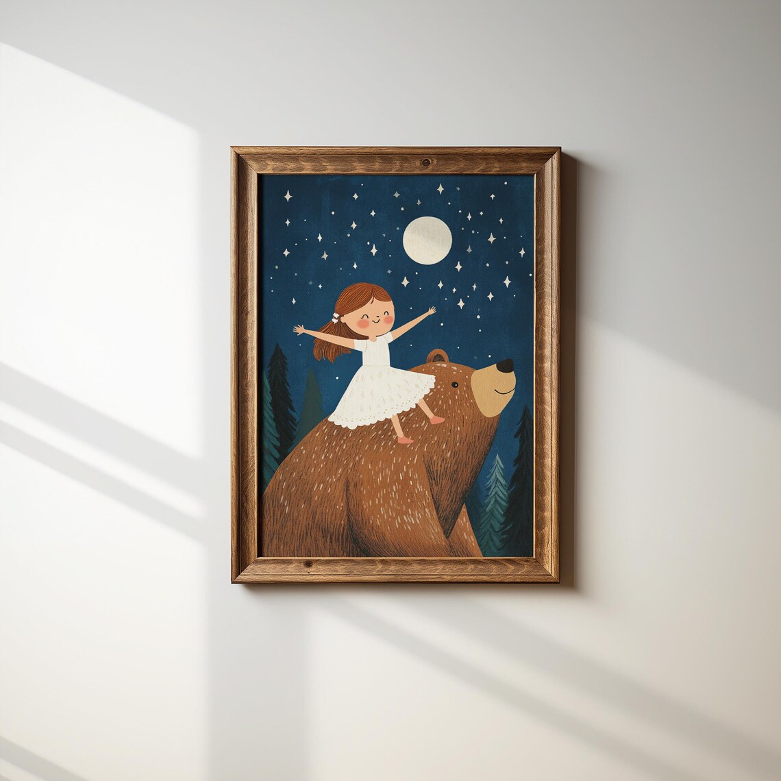 Storybook Girl Riding Friendly Bear Under Moon And Stars Poster