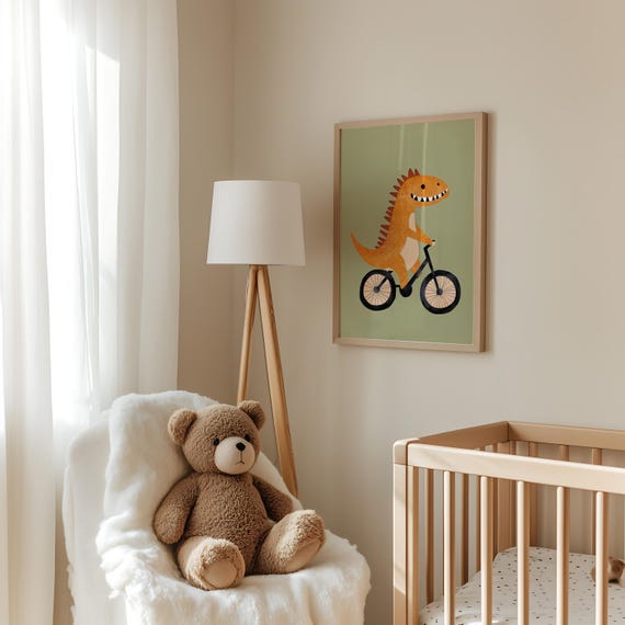 Green Dinosaur Riding Bike Wall Art Kids Room Poster Fun Dinosaur Nursery Decor