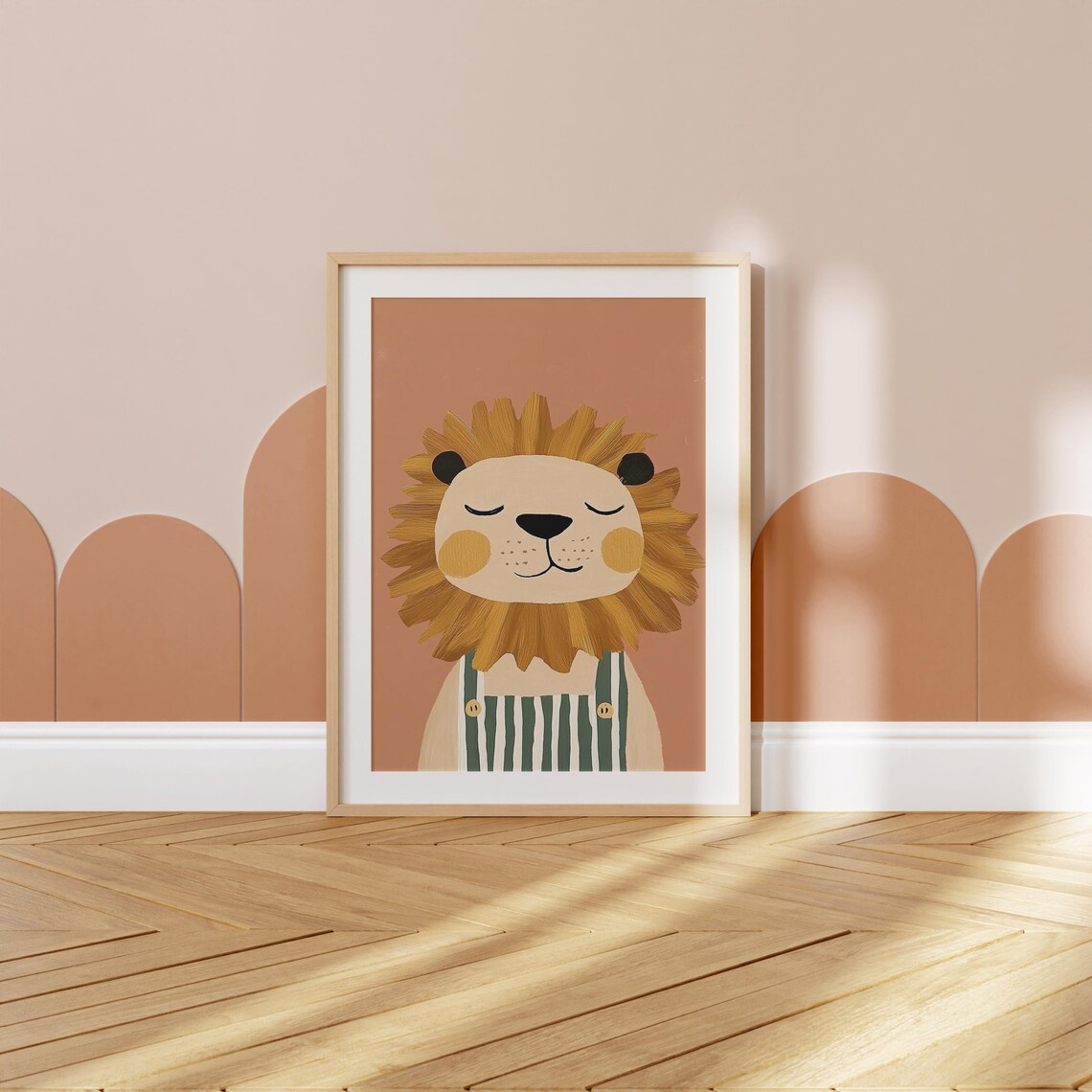 Happy Smiling Lion in Striped Overalls Nursery Kids Room Wall Art - Image 3