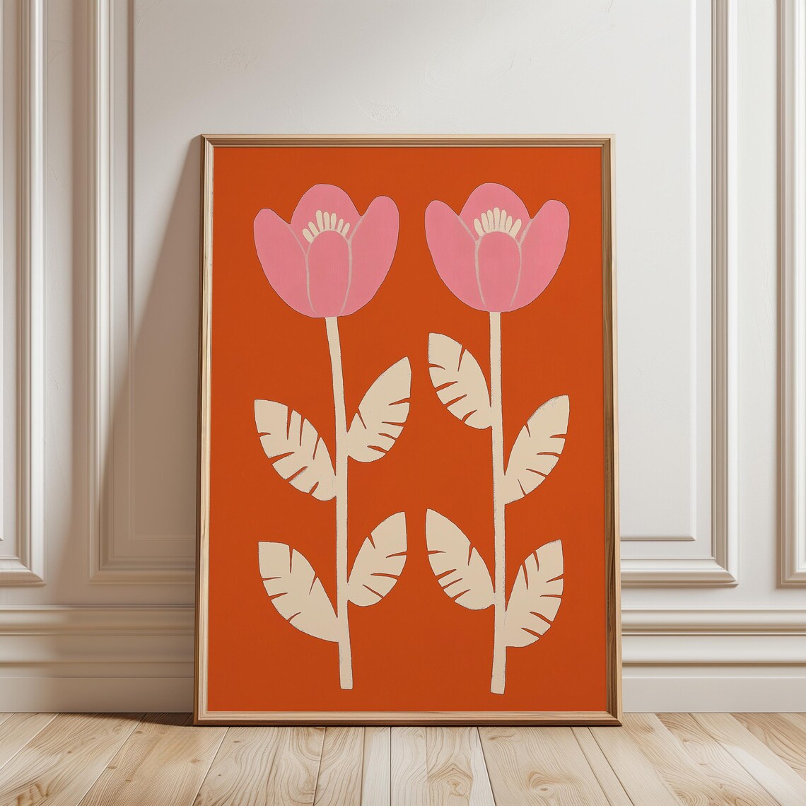 Retro Pink Tulip Flower Print Orange Scandinavian Folk Wall Poster - Image 5