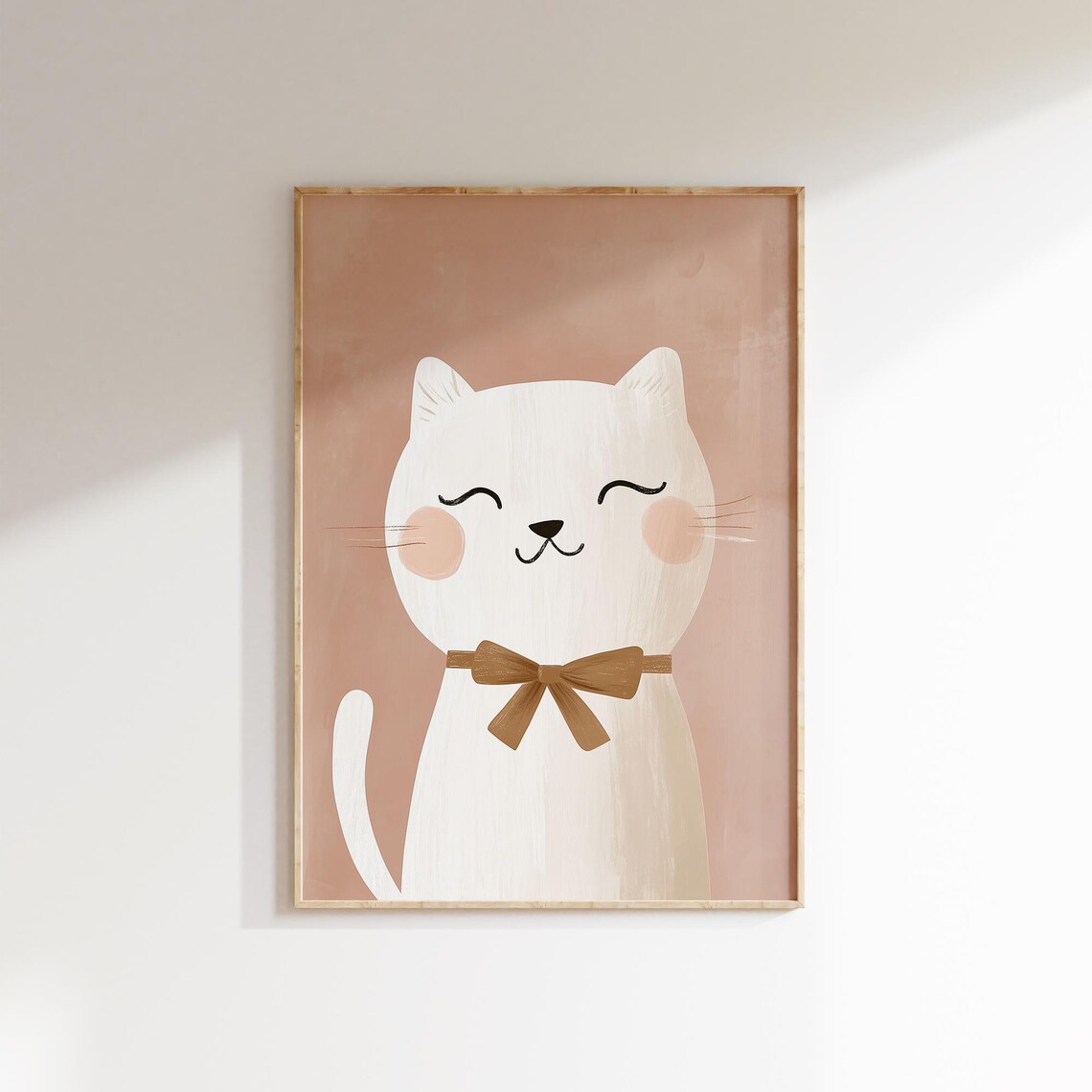 Sleepy White Cat Brown Bow Watercolor Pink Nursery Kids Wall Art - Image 2