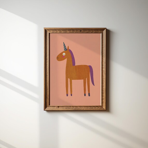 Whimsical Unicorn Kids Room Print With Purple Mane on Soft Coral Background