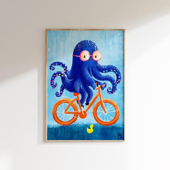 Octopus On Bike Wall Art Kids Room Decor Nursery Animal Print Boys Room Poster Playroom Ocean Animal Art Whimsical Art