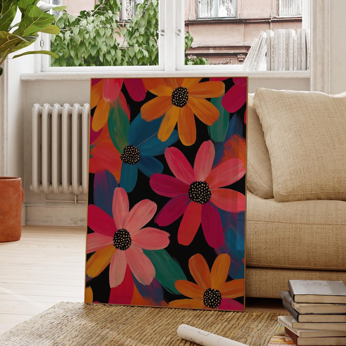 Colorful Daisy Flower Print Black Background Modern Boho Wall Poster - Image 2