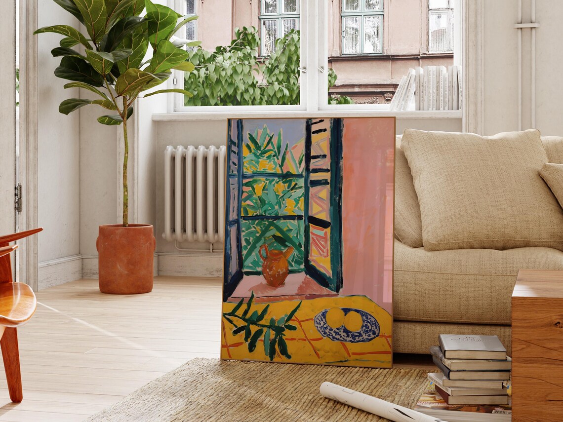 Mediterranean Window View Art Poster with Garden Greens and Clay Jug
