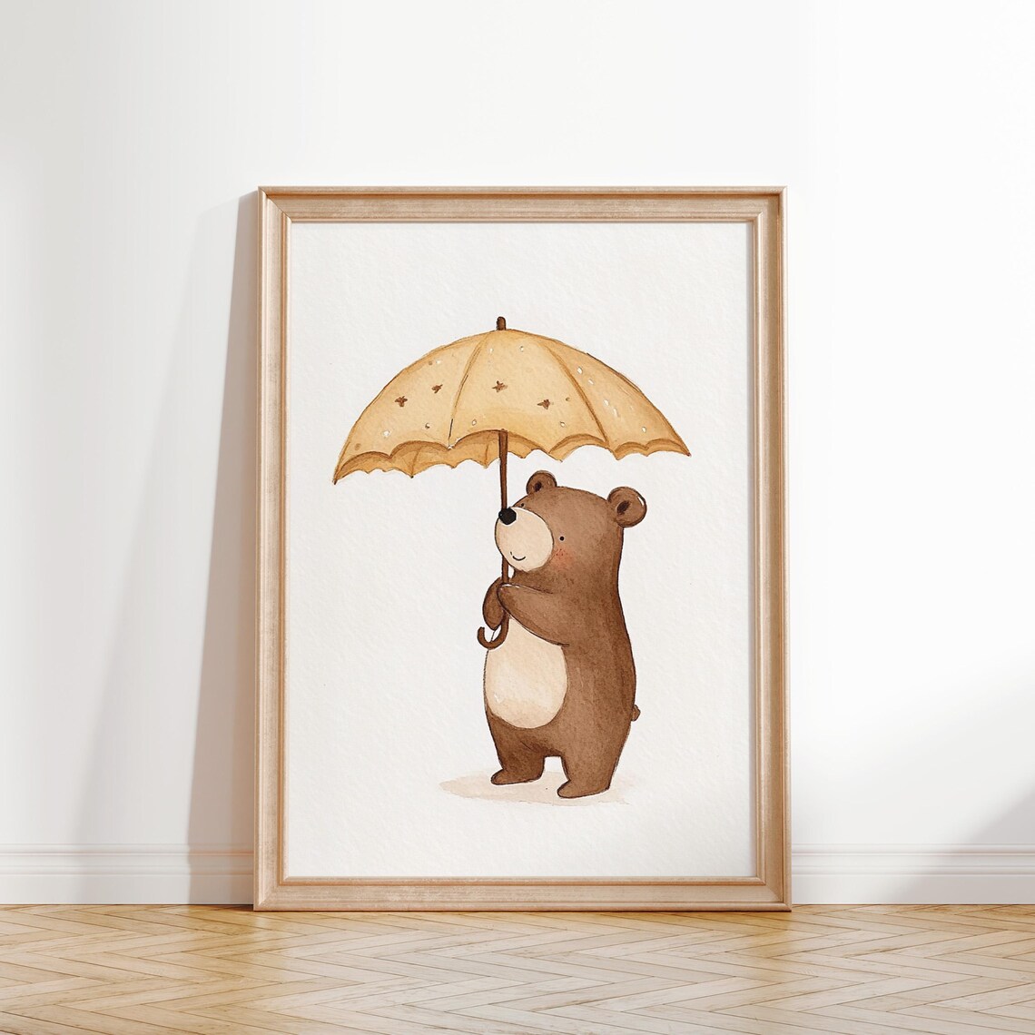 Smiling Bear Under Mustard Umbrella Sweet Nursery Kids Room Art Poster - Image 2
