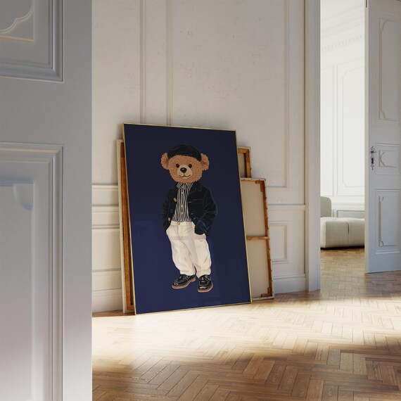 Dapper Teddy Bear in Beret and Black Jacket Chic French Style Art Poster