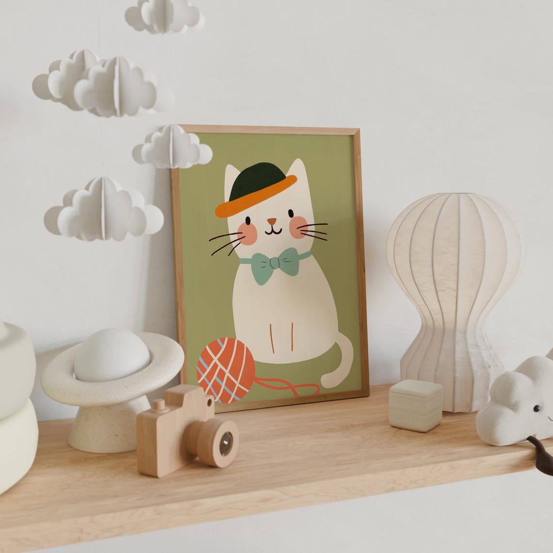 Fancy Cat Gentleman Bow Tie Bowler Hat Green Playroom Kids Wall Poster - Image 4