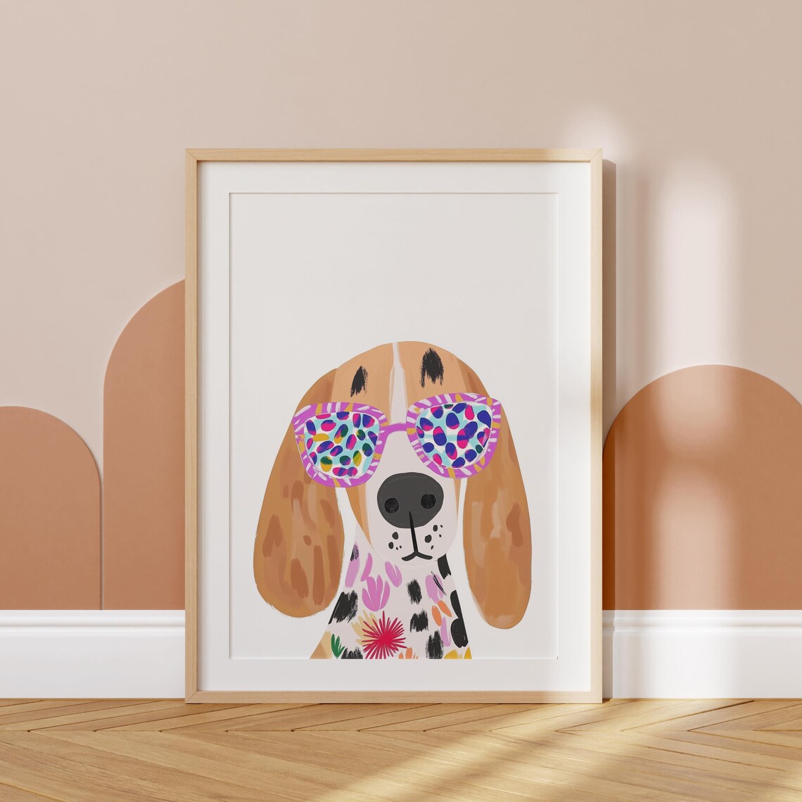 Beagle Dog In Colorful Leopard Sunglasses Fun Kids Art Print - Image 4
