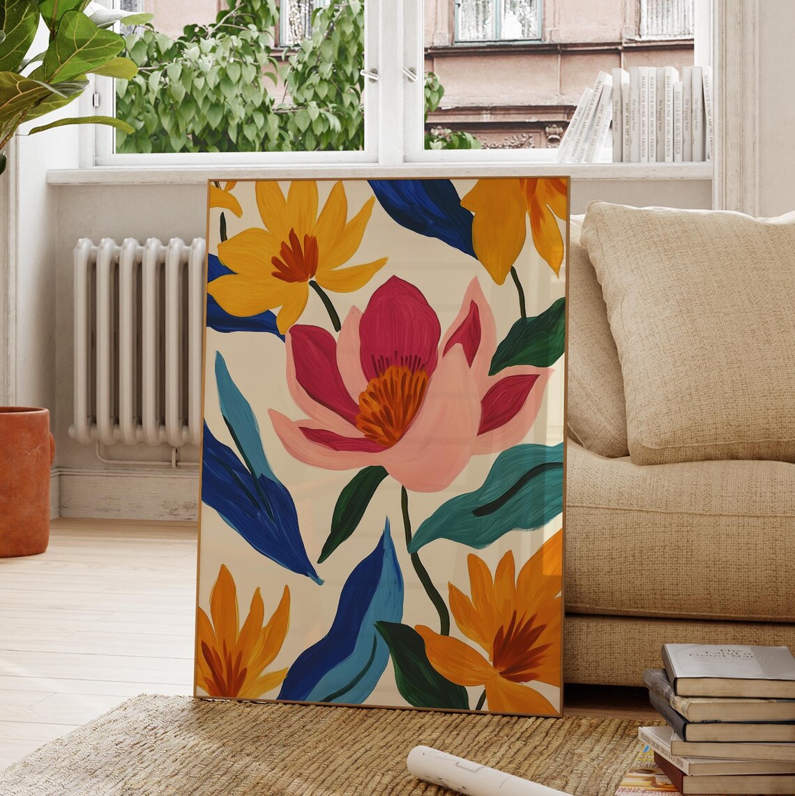 Modern Botanical Flower Print Pink Orange Blue Floral Wall Poster - Image 2