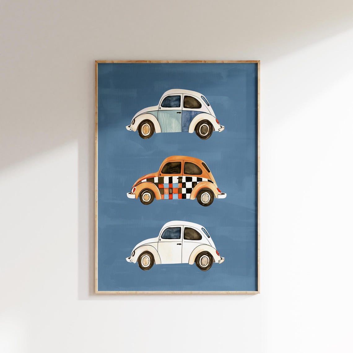 Three VW Beetle Cars Blue Background Kids Room Print Boys Car Decor - Image 2