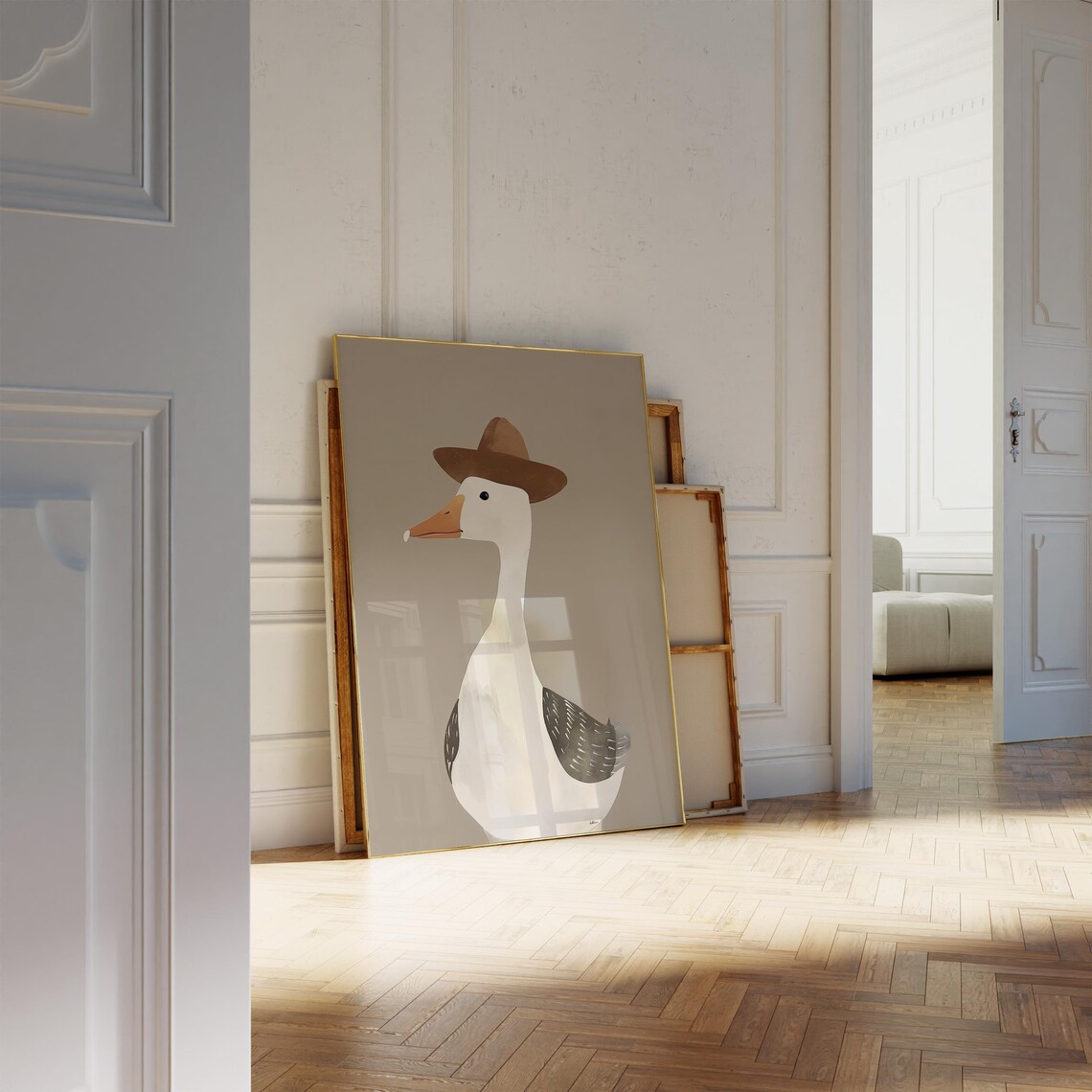 White Goose Wearing Cowboy Hat Taupe Background Fun Kids Room Art Poster - Image 2