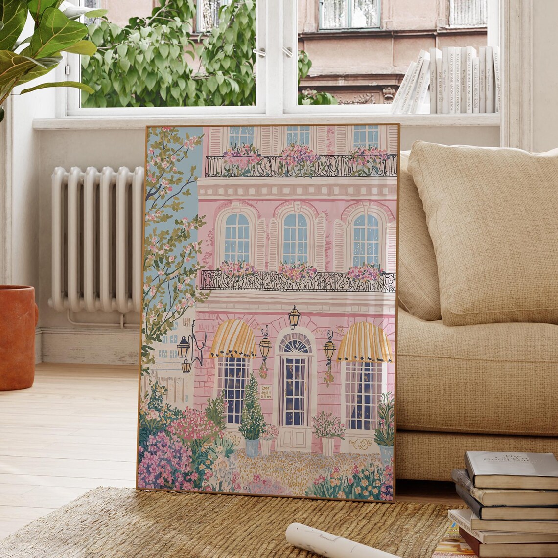 Pink French Villa Yellow Awnings Spring Garden Romantic Poster - Image 3