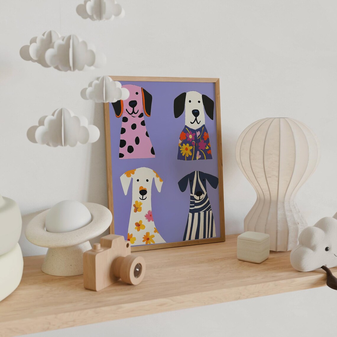 Vibrant Dogs Poster Four Floral Spotted Pups Lavender Kids Room Poster - Image 4