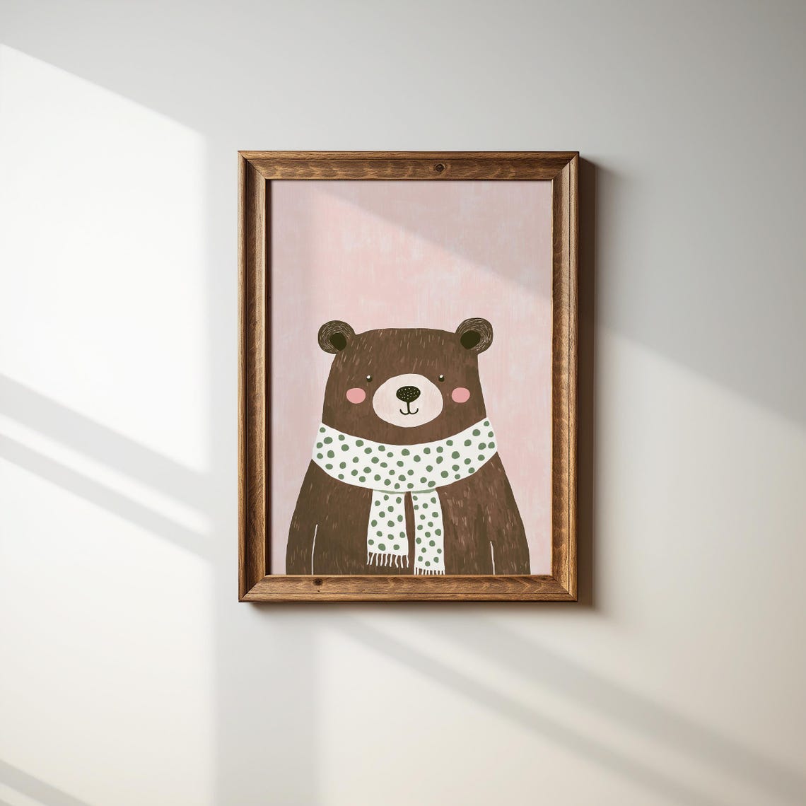Cute Dark Brown Bear With Green Polka Dot Scarf Nursery Poster - Image 2
