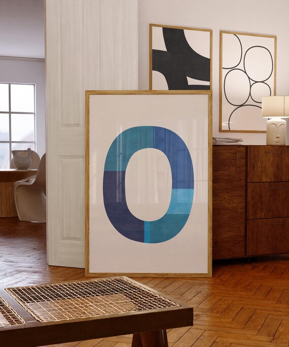 Modern Mid Century Blue Tones Light Beige Minimalist Art Poster Contemporary Painting Geometric Shape Art