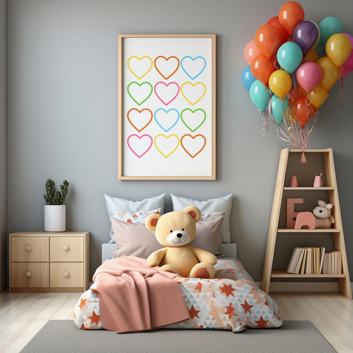 Bold Colorful Hearts Grid Modern Scandinavian Kids Room Wall Art - Image 3