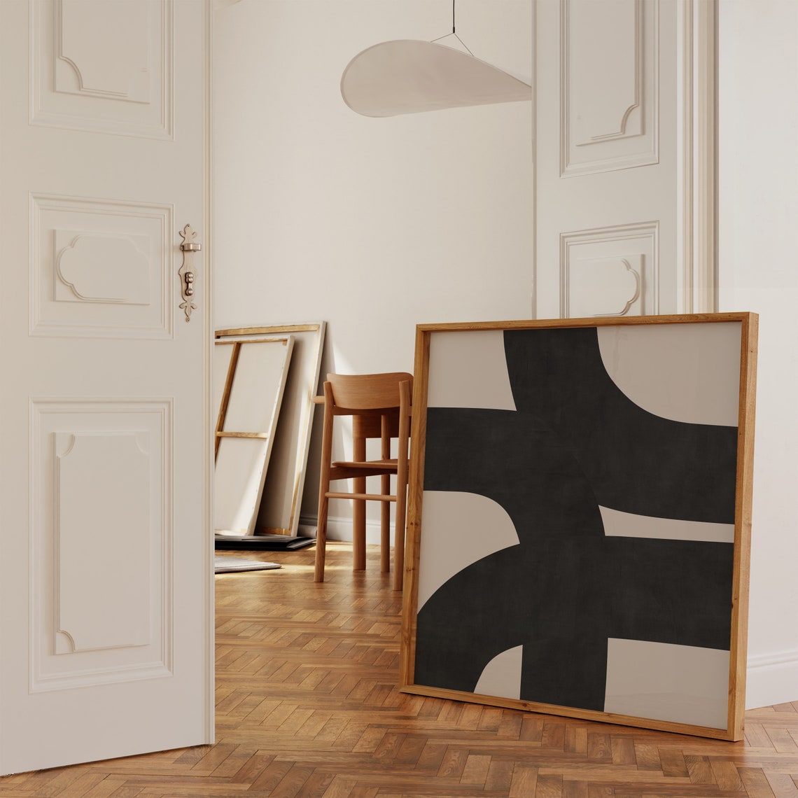Black and Cream Organic Brush Shapes Square Abstract Art Poster - Image 2